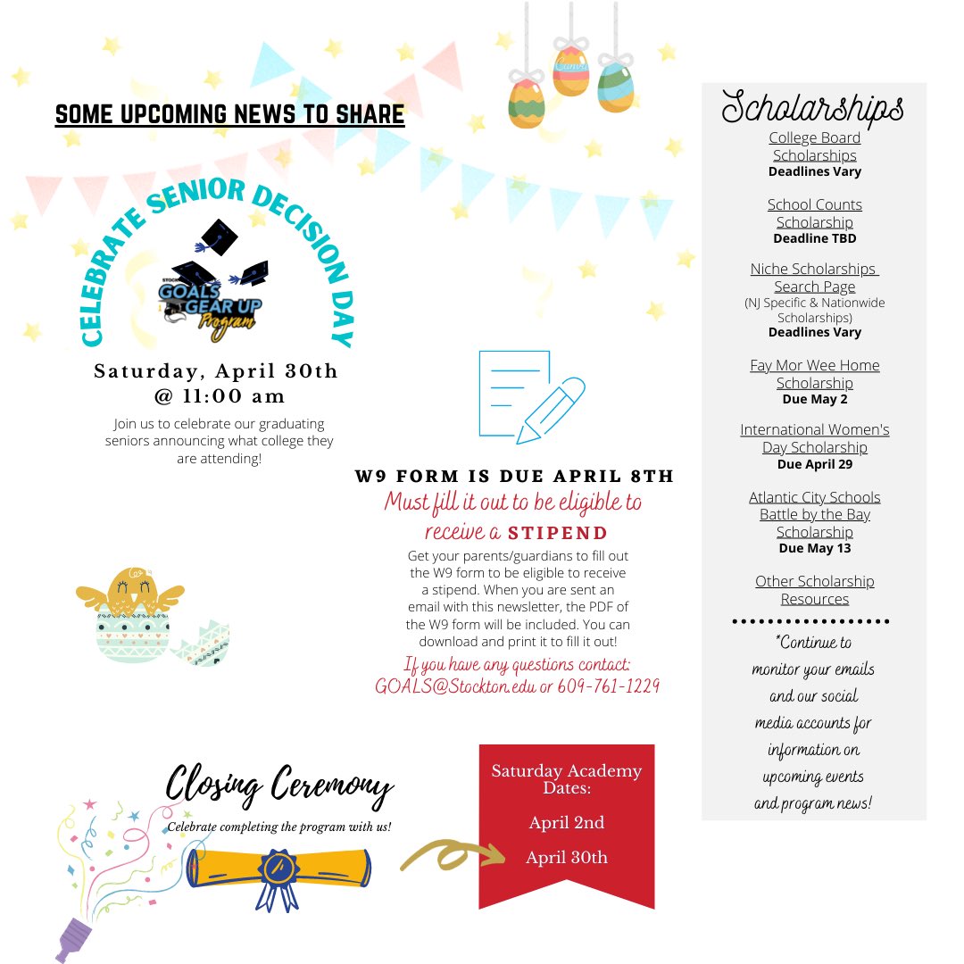 StocktonGOALS's tweet photo. ✨Happy April! 🎉 Look into this month’s newsletter to learn more about the upcoming community day clean up/park party in Atlantic City, as well as a reminder about the W9 forms, the closing ceremony, and the summer application! 📢 #GEARUPWORKS #WeAreGoals #StocktonU #GOALSfam https://t.co/e7eNa5Eayg
