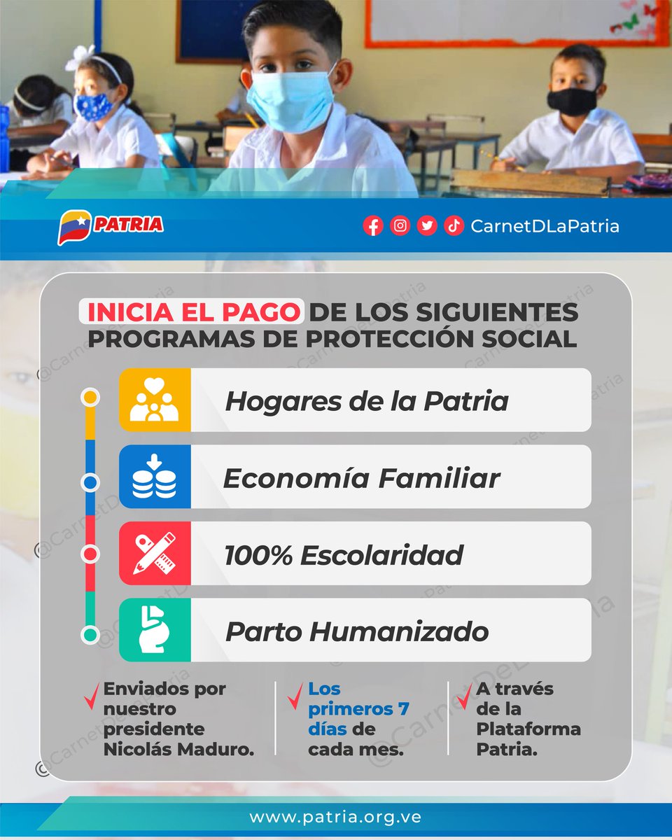 CarnetDLaPatria's tweet photo. #ATENCIÓN El #SistemaPatria informa que, inicia el pago de los bonos especiales: #HogaresDeLaPatria, #EconomíaFamiliar, 100%Escolaridad, #PartoHumanizado, a través de la #PlataformaPatria, enviado por nuestro Pdte. @NicolasMaduro.
Del 1 al 7 de cada mes.

#Foro3RPuntoNets #1Abr https://t.co/Tblz86R8Nn