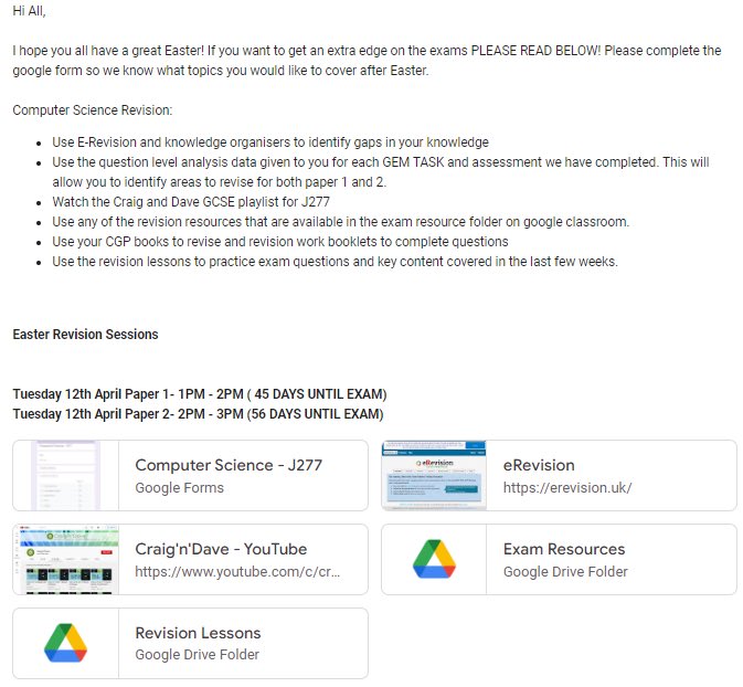Easter Revision- Last push for our year 11 students! please enjoy your time off but also remember Your GCSE’s only come once! Please see below for Easter Revision sessions and resources. (Also on Google classroom) - Mr Mahon <a href="/ChiswickSchool/">Chiswick School</a>