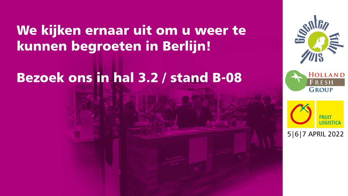 Ook wij zijn aanwezig tijdens <a href="/Fruit_Logistica/">🍉 FRUIT LOGISTICA 🍏</a> 2022. Van 5 t/m 7 april in #Berlijn. #fruitlogistica2022 #Hollandfreshgroup <a href="/GFHuis/">GFHuis</a> Wij wensen iedereen een goede beurs toe!