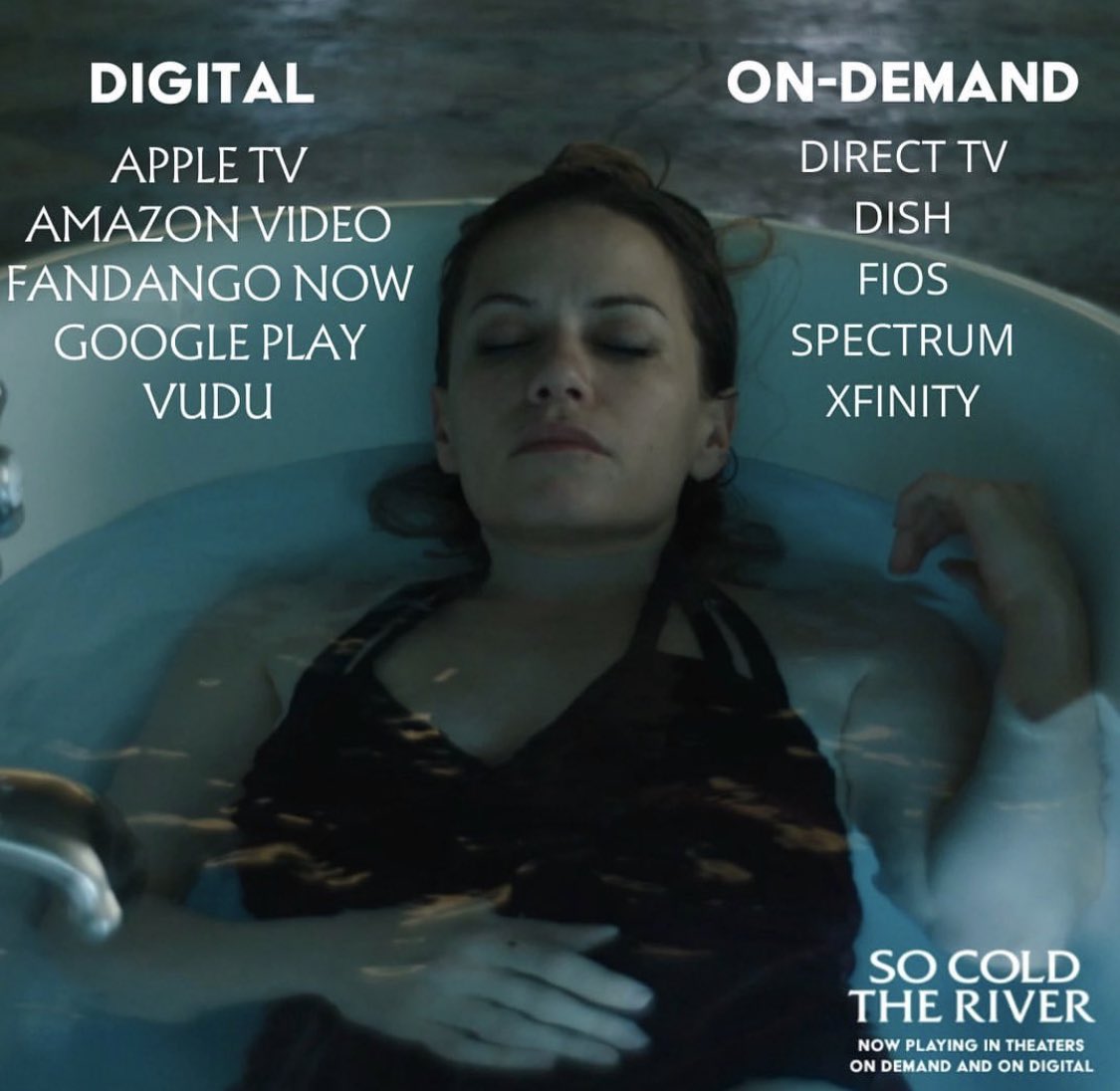 Georgie_84's tweet photo. #SoColdtheRiver premiered a week ago 

If you haven’t seen it yet, that’s cool. 

It’s available on demand/digital in these places 

Treat yourself this weekend 😉

In theatres and Digital/On-Demand NOW!!

@mjkoryta @PaulShoulberg  @andjwest @BethanyJoyLenz   

#thriller #horror https://t.co/bMb5FaMNil