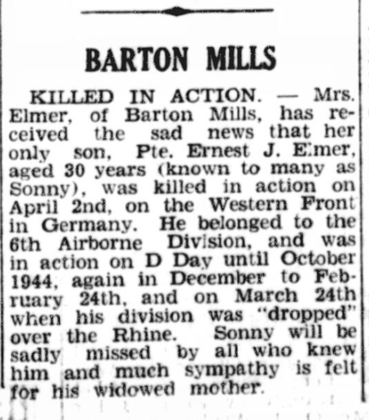 Pte. Ernest James Elmer 2nd Bn (Airborne) Oxfordshire and Buckinghamshire Light Infantry KIA #OTD 2nd April 1945 aged 30 buried Reichswald Forest War Cemetery. #OxBucks #OpVarsity 

"IN LOVING MEMORY OF AN ONLY SON. "AND SO TO WHERE YOU WAIT I COME GENTLY ON." MOTHER" Suffolk
