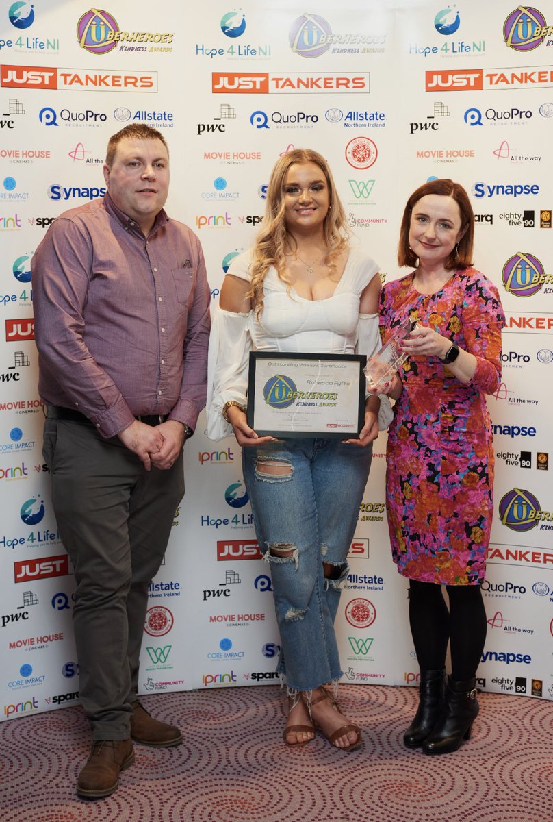 UberheroesNI's tweet photo. Introducing our ‘Ambassador of Kindness’ Rebecca Fyffe who was presented her award at the #UberheroesKindnessAwards by Prof Siobhan O’Neil (Mental Health Champion) and Mr Brian Patterson (Just Tankers) who was out fantastic Main Sponsor at last weeks event 🙌

#TheKindnessEffect https://t.co/tazGvftRCy
