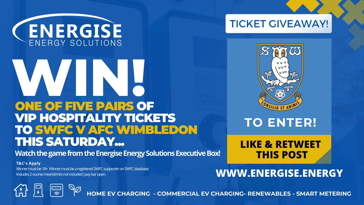 Sheffield Wednesday (@swfc) on Twitter photo We’ve teamed up with our partners @energise_energy to give supporters a fantastic opportunity ahead of tomorrow’s game v <a href="/AFCWimbledon/">AFC Wimbledon</a>. 🙌
Simply like and retweet this post to win a pair of tickets in an executive box! 🦉
#swfc #energisenergysolutions #ev We’ve teamed up with our partners @energise_energy to give supporters a fantastic opportunity ahead of tomorrow’s game v <a href="/AFCWimbledon/">AFC Wimbledon</a>. 🙌
Simply like and retweet this post to win a pair of tickets in an executive box! 🦉
#swfc #energisenergysolutions #ev