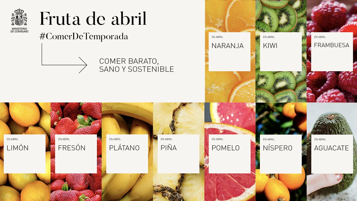 MaseroPepi's tweet photo. #ViernesSaludable
🙋🏻‍♀️Os invito a
🗣️Recordar y
🤳Compartir
#FrutaDeTemporada
🗓️ #Abril2022 :
🍊 Naranja
🥝 Kiwi
🍋 Limón
🍓 Fresón
🍌 Plátano
🍍 Piña
🍊 Pomelo
✅ Níspero
✅ Frambuesa y
✅ Aguacate  
📸 Fotografía gracias a @consumogob !
@unisevilla @joancmarch @beatrizcalidad https://t.co/7ODCJuTFZK