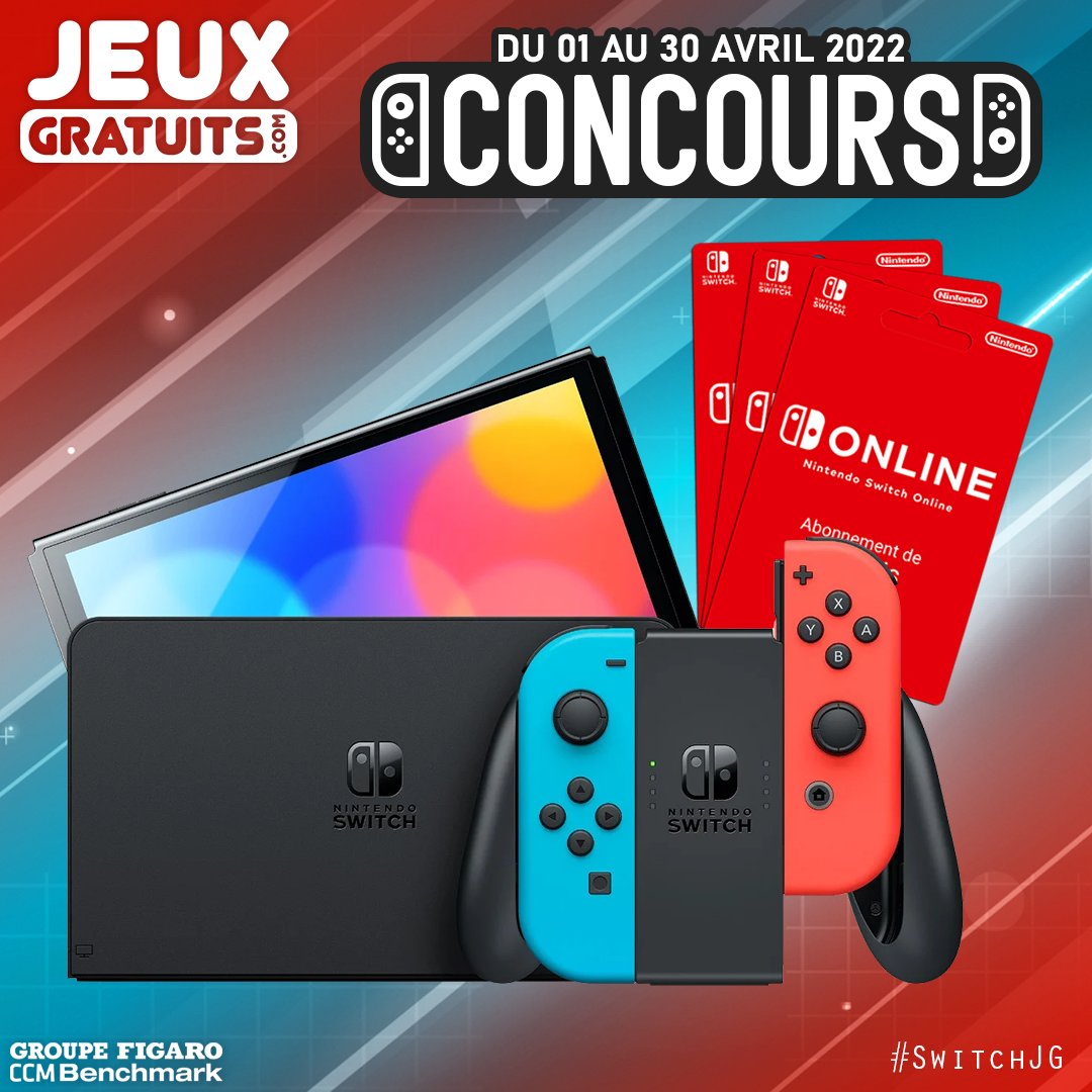 CONCOURS AVRIL #SwitchJG 🎁🎮
Une Nintendo Switch est à gagner en avril sur JG avec en bonus 3 abonnements de 12 mois au Nintendo Switch Online ! Bonne chance à tous ✌️

➡ Follow <a href="/JeuxGratuitsCom/">Jeux-Gratuits.com</a> / RT #SwitchJG
➡ Inscris-toi sur jeux-gratuits.com/concours/ninte…

Date limite : 30/04/2022