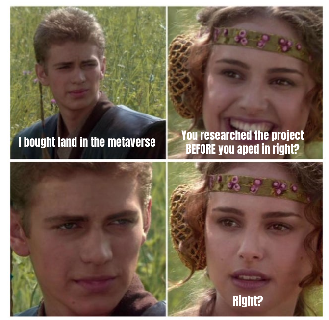 GM #metaverse...

Don't forget to DYOR before apeing #metaverse land projects - it's the wild west out there and finding the right land in the right projects is hard. Alternatively, let us do the research for you ;)

#virtualrealestate #nfts #diamondlands