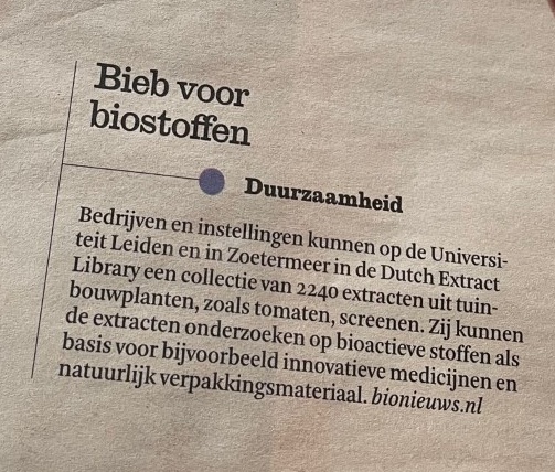 The Dutch Extract Library is getting attention! <a href="/FD_Nieuws/">FD Nieuws</a> <a href="/Bionieuws/">Bionieuws - nu op: @bionieuws.bsky.social</a> 🌱Do you want to know more about the DEL? Go to dutchextractlibrary.com 
#bioactivemolecules #biotechnology #plantbased