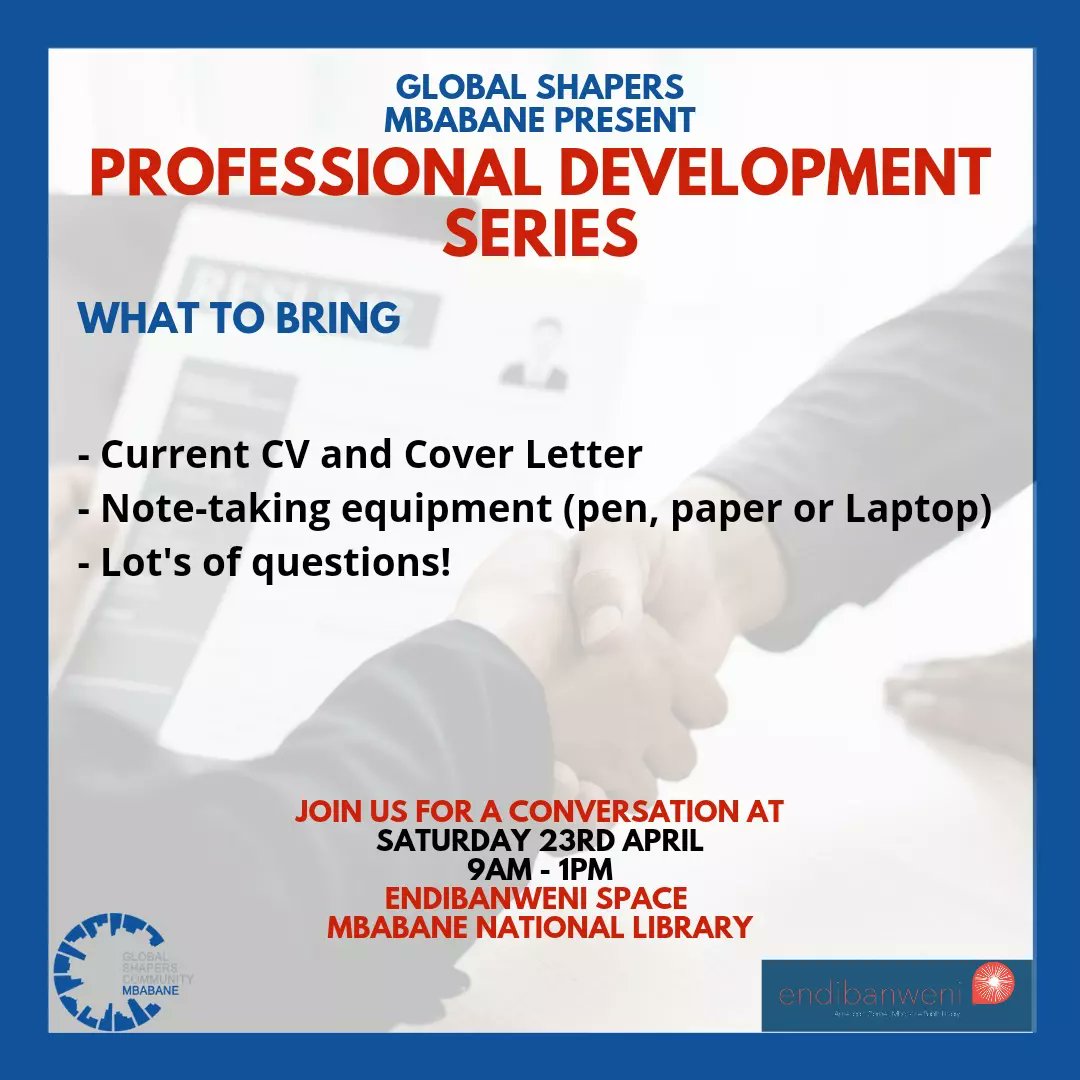 Are you applying for a job?

Join us on the 23rd April in the Endibanweni Space where the Mbabane Hub and Specialists will help you get ready
Spaces are limited so registration is important Send an email to globalshapersmbabane@gmail.com to reserve your spot!

#TiniTwitter