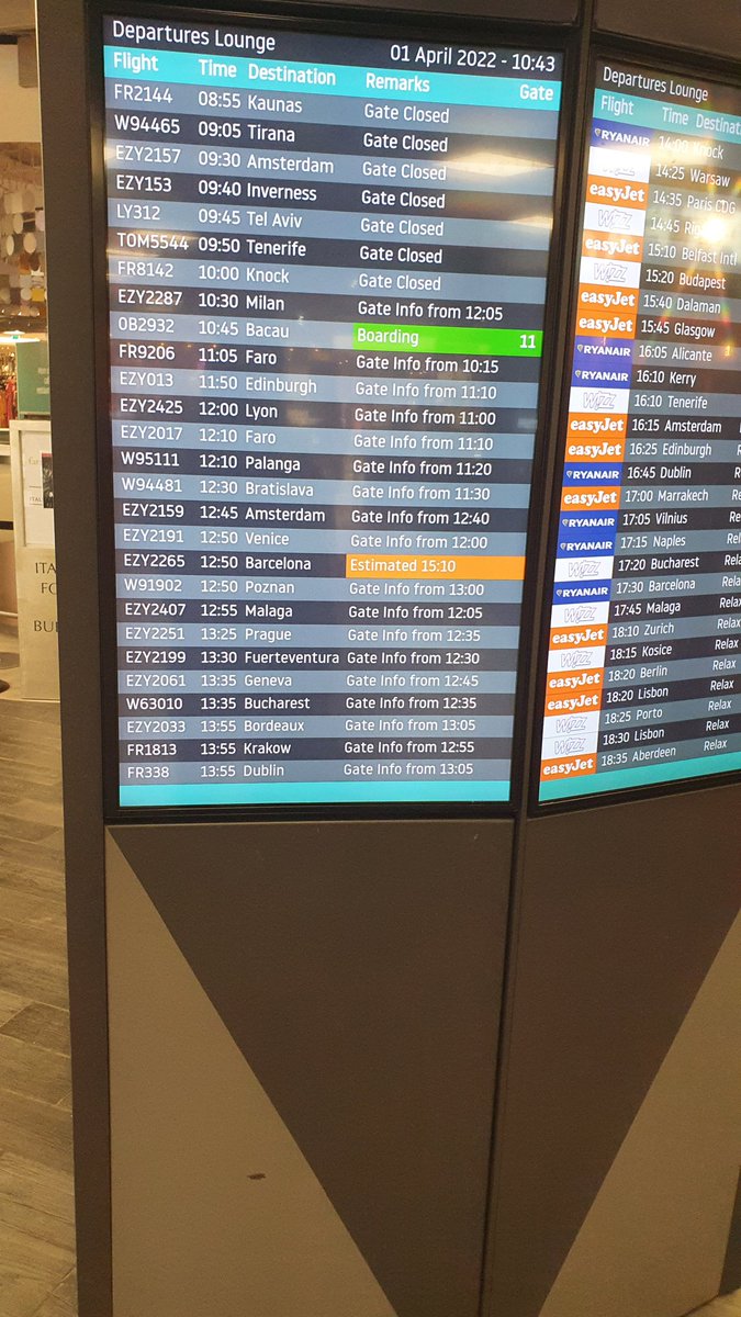 Absolutely disgraceful <a href="/Ryanair/">Ryanair</a> not only did they have 2 members of staff on the check in which took over an hour but they didn't up date the screen information so no one where to bloody go!!!

Gate info from 10.15?!?! I took this pic at 10.42!!!.

Awful!!!!!!!!!!.