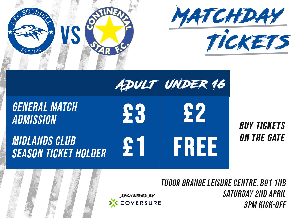 🎟 𝗠𝗮𝘁𝗰𝗵𝗱𝗮𝘆 𝗧𝗶𝗰𝗸𝗲𝘁 𝗗𝗲𝘁𝗮𝗶𝗹𝘀 🎟

See below the Ticket Information for our final game of the season against <a href="/CSFC_famo_club/">Continental Star FC</a> 

🏆 <a href="/MidlandLeague/">Capelli Sport Midland Football League</a>
🆚 <a href="/CSFC_famo_club/">Continental Star FC</a>
⏰ 15:00PM
📍Tudor Grange Leisure Centre, Blossomfield Rd, Solihull B91 1NB
🎟 Tickets on The Gate