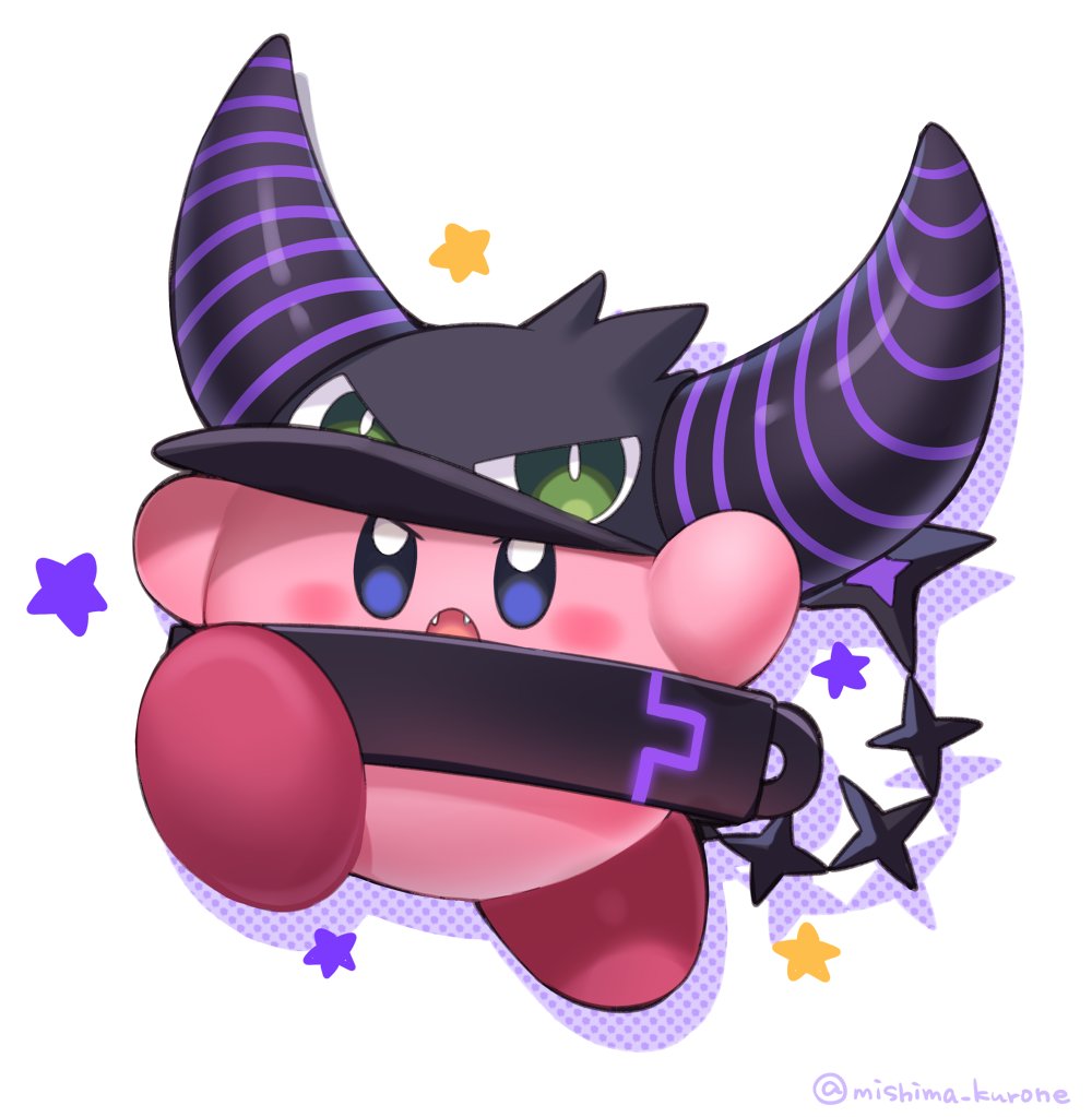kirby ,la+ darknesss no humans open mouth horns hat cosplay white background blue eyes  illustration images