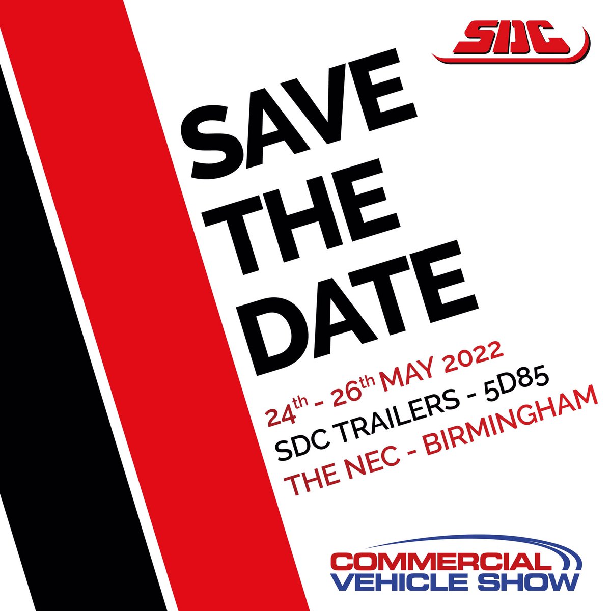 We’re excited to announce SDC is exhibiting at the Commercial Vehicle Show in Birmingham and we hope you can join us!

📅 24th – 26th May 2022
📍 The NEC
🏢 Hall 5, Stand 5D85 
#savethedate #cvshow2022 #commercialvehicleshow #forallyourlogisticsrequirements