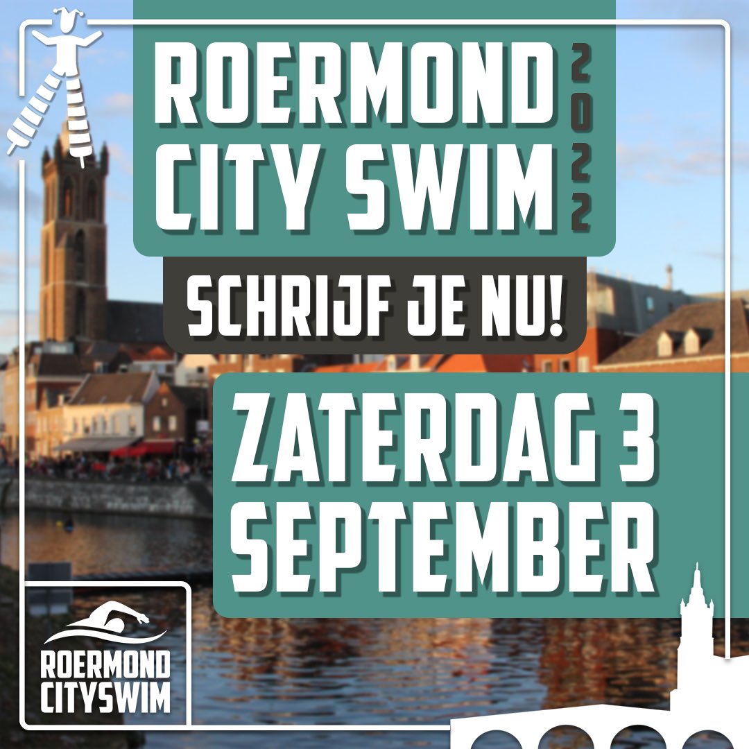 𝗥𝗢𝗘𝗥𝗠𝗢𝗡𝗗 𝗖𝗜𝗧𝗬 𝗦𝗪𝗜𝗠 𝟮𝟬𝟮𝟮
𝖹𝖠𝖳𝖤𝖱𝖣𝖠𝖦 𝟥 𝖲𝖤𝖯𝖳𝖤𝖬𝖡𝖤𝖱 is het zover. De Roermond City Swim. Zwem samen met vele andere zwemmers in de Roer! 
Wil je meezwemmen?
Schrijf je nu in! roermondcityswim.nl/inschrijven