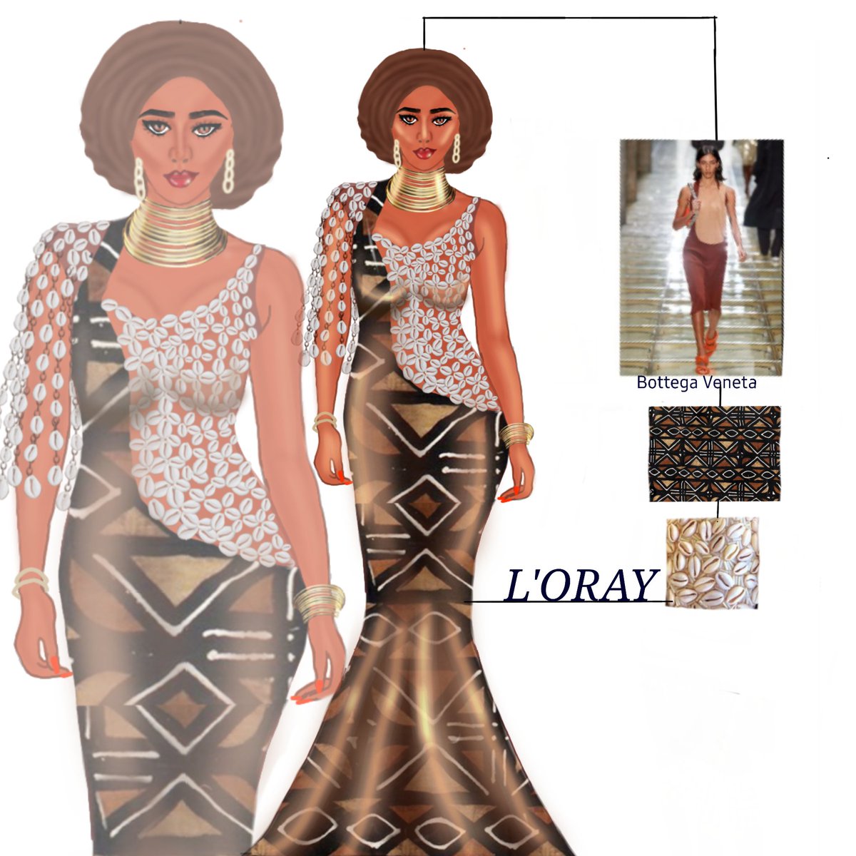 ORaymonda's tweet photo. Fashion illustration inspired by a piece from #bottegaveneta .
Infusing the african fabric and cowrie embellishment to potray an afro-centric fashion.
@CollectiveNaija 
#tdpn22 
#thedesignprojectnaija https://t.co/3ervKHWIiQ