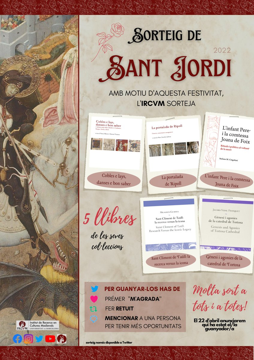 IRCVM's tweet photo. El mes d'abril ve ple d'activitats i sopreses!🥳 Avui us anunciem la primera: EL SORTEIG DE SANT JORDI🌹📚! Amb motiu d'aquesta festivitat, l'IRCVM sorteja 5 llibres de les seves col·leccions. Per aconseguir-los, consulteu els requisits 👇.
Molta sort a tots i a totes!🤗 https://t.co/1yX87TZvhq