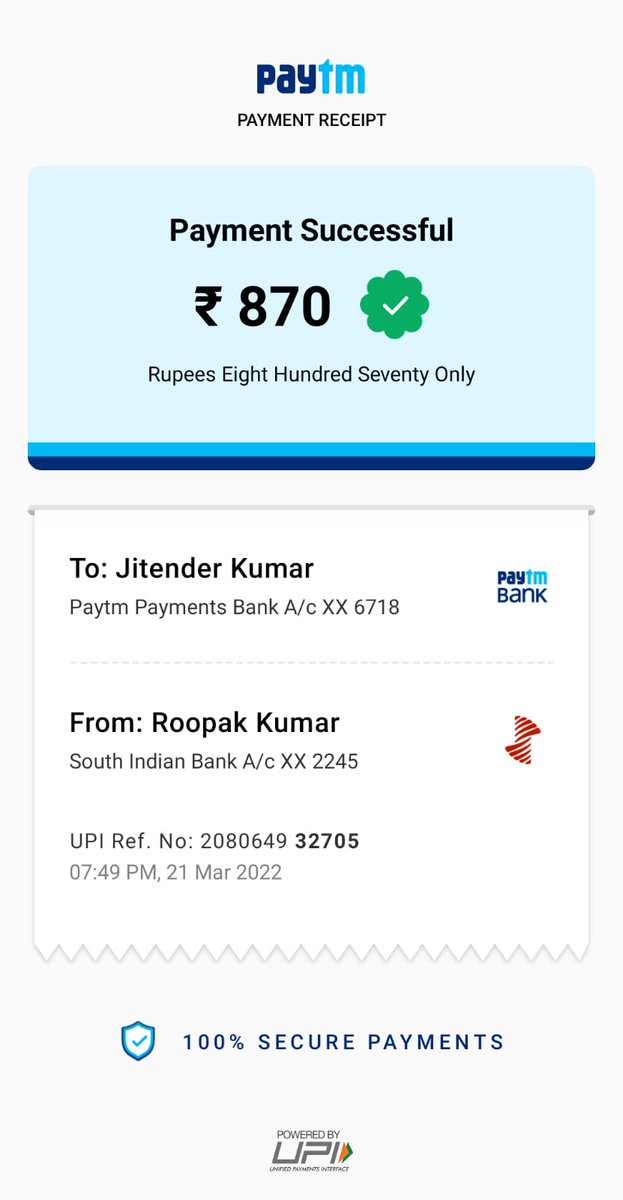 roopakkumar09's tweet photo. On 21st march ,I paid Rs 870,it got debited  from my account ,however merchant didn't receive it.
Tried so many times to contact customer care still there was no response.
Highly unprofessional behaviour from paytm team.@UPI_NPCI @Paytmcare @Paytm @vijayshekhar @PaytmBank https://t.co/Eyekbbv0b9