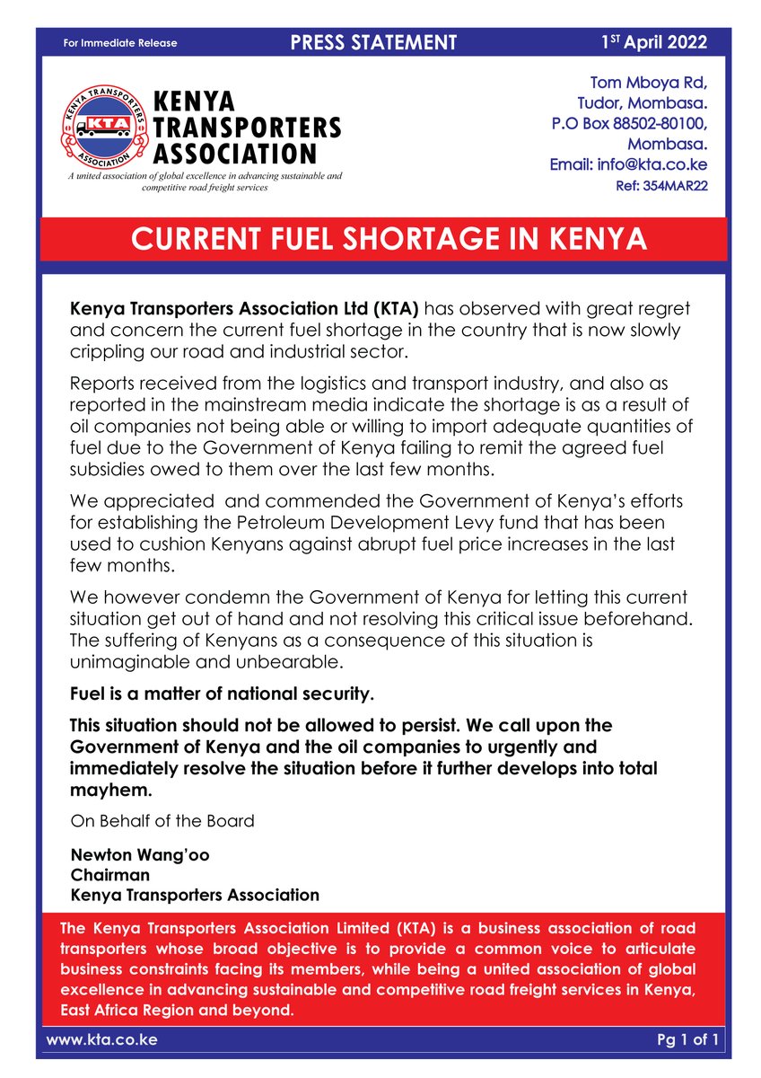 Kenya Transporters (@kta_kenya) on Twitter photo Current Fuel Shortage In Kenya
This situation should not be allowed to persist. We call upon the Government of Kenya and the oil companies to urgently and immediately resolve the situation before it further develops into total mayhem.
c.c
<a href="/Ma3Route/">Ma3Route</a> <a href="/loddca/">Long Distance Drivers and Conductors Association</a> Current Fuel Shortage In Kenya
This situation should not be allowed to persist. We call upon the Government of Kenya and the oil companies to urgently and immediately resolve the situation before it further develops into total mayhem.
c.c
<a href="/Ma3Route/">Ma3Route</a> <a href="/loddca/">Long Distance Drivers and Conductors Association</a>