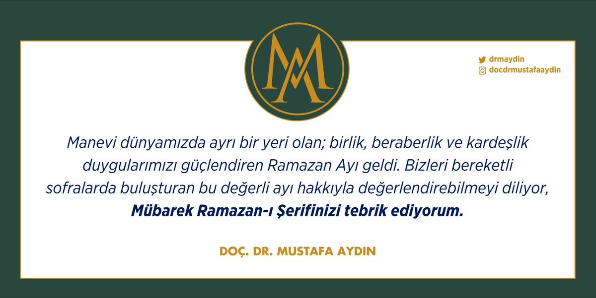 Bizleri bereketli sofralarda buluşturan bu değerli ayı hakkıyla değerlendirebilmeyi diliyor, Mübarek Ramazan-ı Şerifinizi tebrik ediyorum.
#Ramazan

<a href="/bilkolejleri/">BİL Koleji</a> @csuedutr
<a href="/IAUKampus/">İstanbul Aydın Üniversitesi</a> <a href="/AKEV1995/">AKEV</a> 
@SigaraylaSavas <a href="/UFRAD/">ufrad</a> 
<a href="/eurasedu/">EURAS</a> <a href="/KCKENTKONSEYI/">KÇ KENT KONSEYİ</a> 
<a href="/iaumedofficial/">İAÜMED</a> <a href="/yesilvatanpl/">Yeşil Vatan Platformu</a>