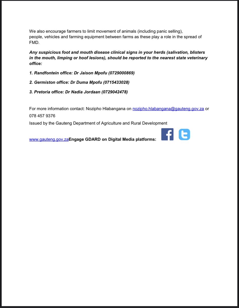 OfficialGDARD's tweet photo. 🚨🚨🚨 Livestock viral disease alert 🚨 🚨🚨
GDARD would like to reassure the public that all measures are being taken by the Provincial Veterinary Services to limit the spread of this disease.
#GrowingGautengTogether #GDARDCares 🧵 🪡 https://t.co/AiDivI11nd