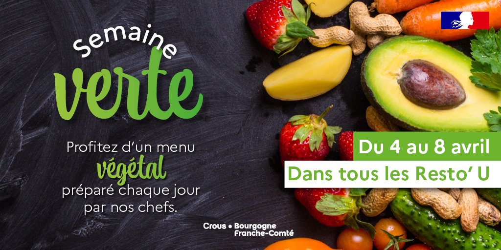 CrousBFC's tweet photo. 🟢Dès lundi, c'est la #SemaineVerte dans les assiettes de vos Resto U' du #CrousBFC !

🥗🌱 Tous les jours, venez profiter d'un menu 100 % végétal, équilibré, durable et appétissant💚

En savoir +↪ https://t.co/xdcv91GfBK https://t.co/DZ4vsPDxi3