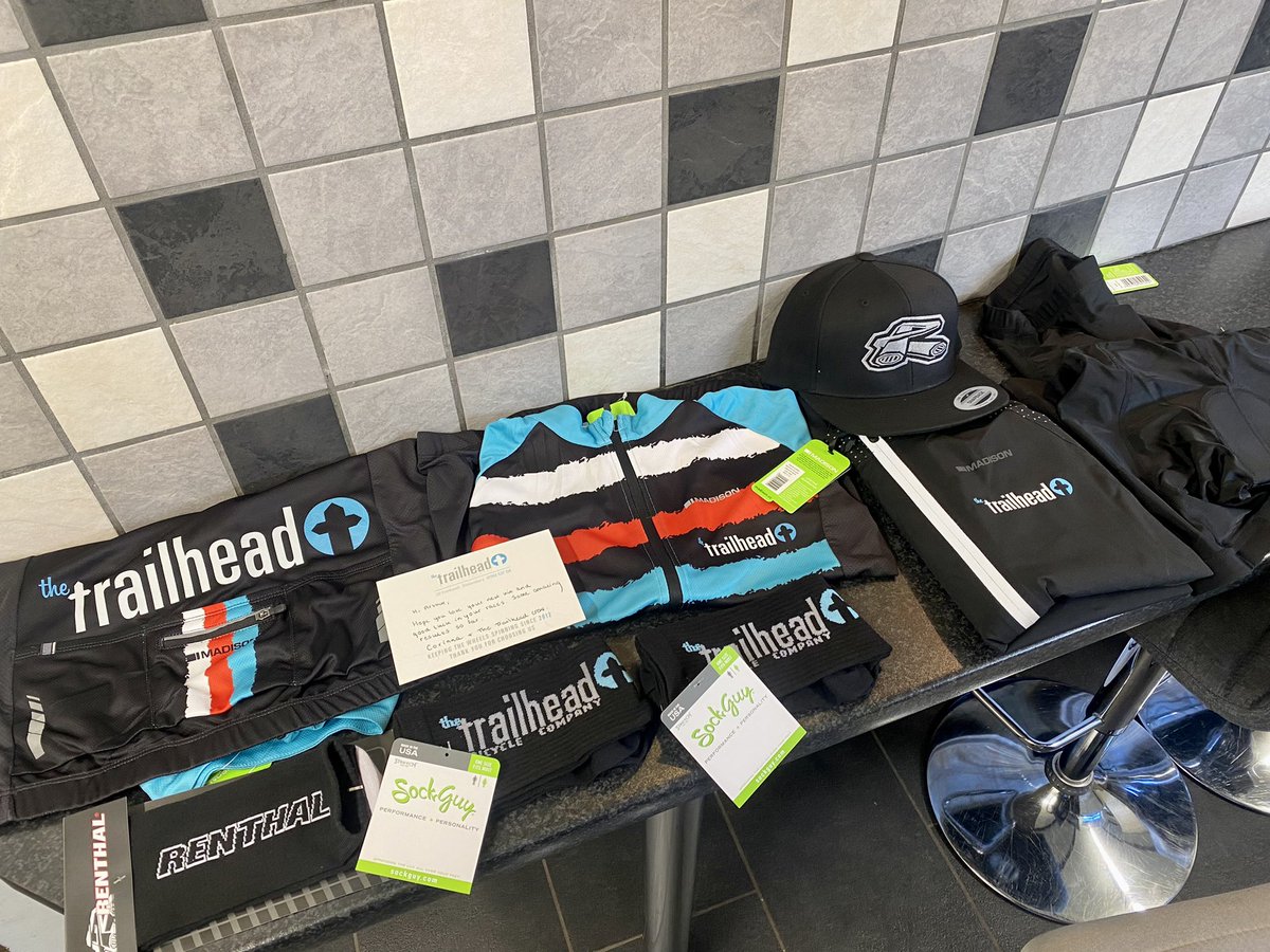 OurChris's tweet photo. Impressive race kit haul for A-Dawg from @TheTrailheadUK courtesy of @Sandy_Plenty @MadisonClothing @Renthal_Cycling @SockGuyLUV #teamtrailhead https://t.co/s6Pmpgmi7e