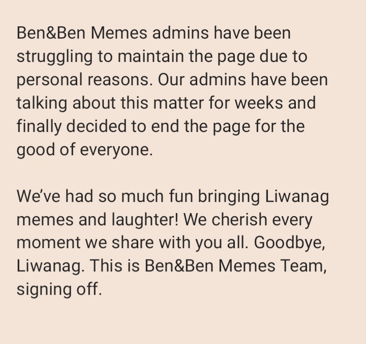 benandbenmemes's tweet photo. IMPORTANT ANNOUNCEMENT:

Hello, Liwanag. It is with a heavy heart that we would like to announce the end of Ben&amp;Ben Memes. Effective today, April 1, 2022. 

Salamat, @BenAndBenMusic! https://t.co/FvmBEIXSvi