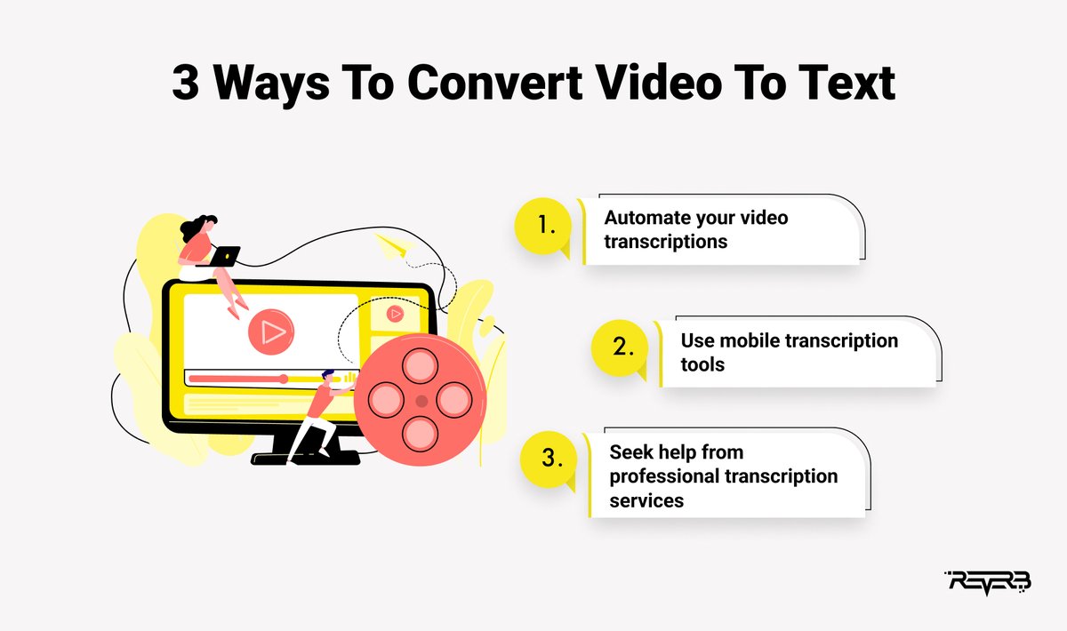 ReverbICO's tweet image. 3️⃣ WAYS TO CONVERT VIDEO TO TEXT 📄
Here are the three most common ways in which you can convert video to text: 

✅ Automate your video transcriptions
✅  Use mobile #transcriptiontools
✅  Seek help from professional transcription services

#video #videomarketing #marketing