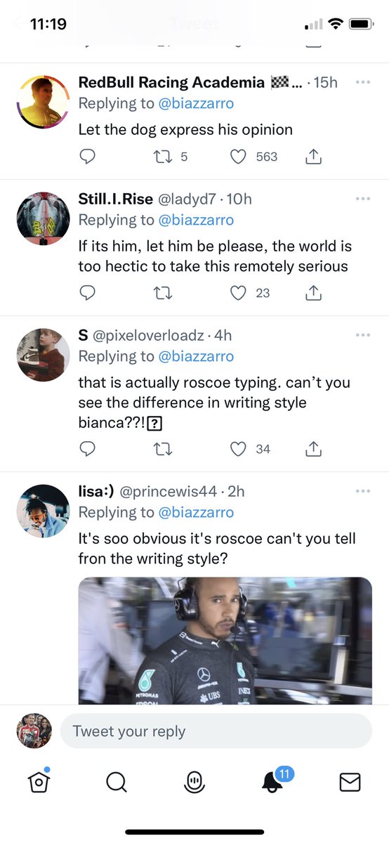 F1Cheerleader's tweet photo. This feed was funny I had to screenshot and share and I have to agree with them and say: Bianca, it’s clearly the dog responding #letdogstweet 🤣😂 #lewishamilton #dog #funny #twitter #people #dogsoftwitter https://t.co/HGscfpThnq