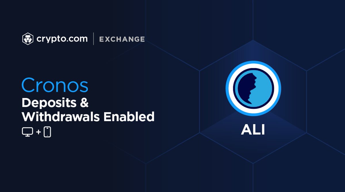 Cryptocom_Exch's tweet photo. https://t.co/A7lhUEyoao Exchange now supports deposits and withdrawals of $ALI via Cronos. 

*Available for both Exchange Web and App.

Deposit Now 👉 https://t.co/GBTPzwV3F0

@cronosapp https://t.co/7S4KlfTkOb
