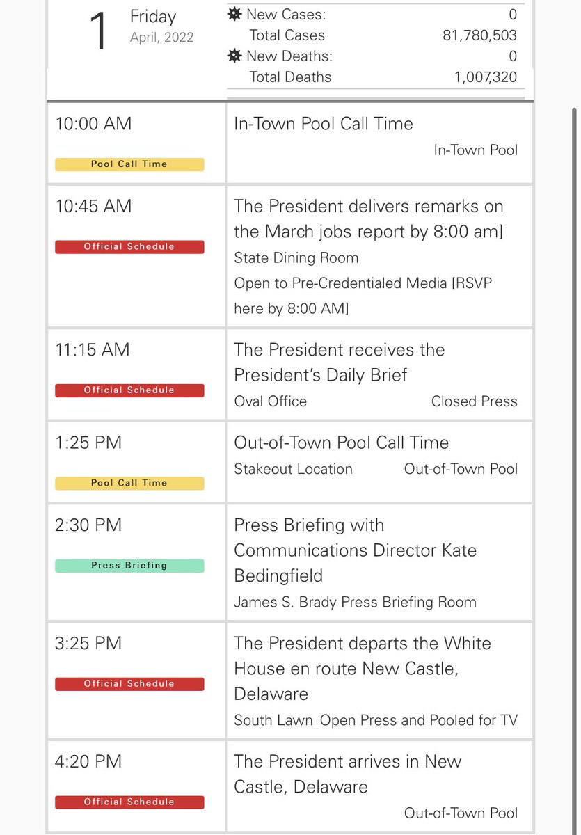 JoeConchaTV's tweet image. The president’s public schedule for today.