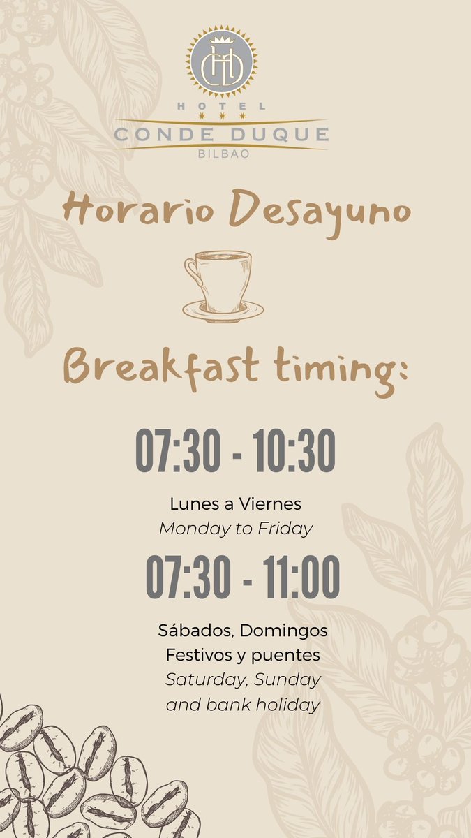 Para que hagas tus planes, aquí tienes la info del horario de desayuno.
#hotelcondeduquebilbao #desayuno #breakfast