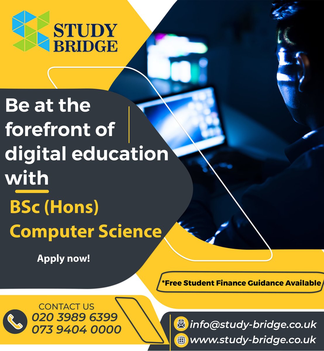 bridge_study's tweet image. Kick start your career in emerging technologies with BSc (Hons) Computer Science!
Apply now!

#studybridge #studyinuk #london #uk #study #education #graduation #career #guidance #computerscience #degreecourse #college #studentfinance #studyinlondon #studentsupport #consultation
