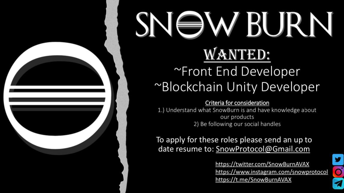 SnowBurnAVAX's tweet photo. We are hiring!!!!
#Snowburn #AVAX #BURN #Btc #Avalanche #SnowVest #hiring #job #frostbite https://t.co/ly8vIm0eWi
