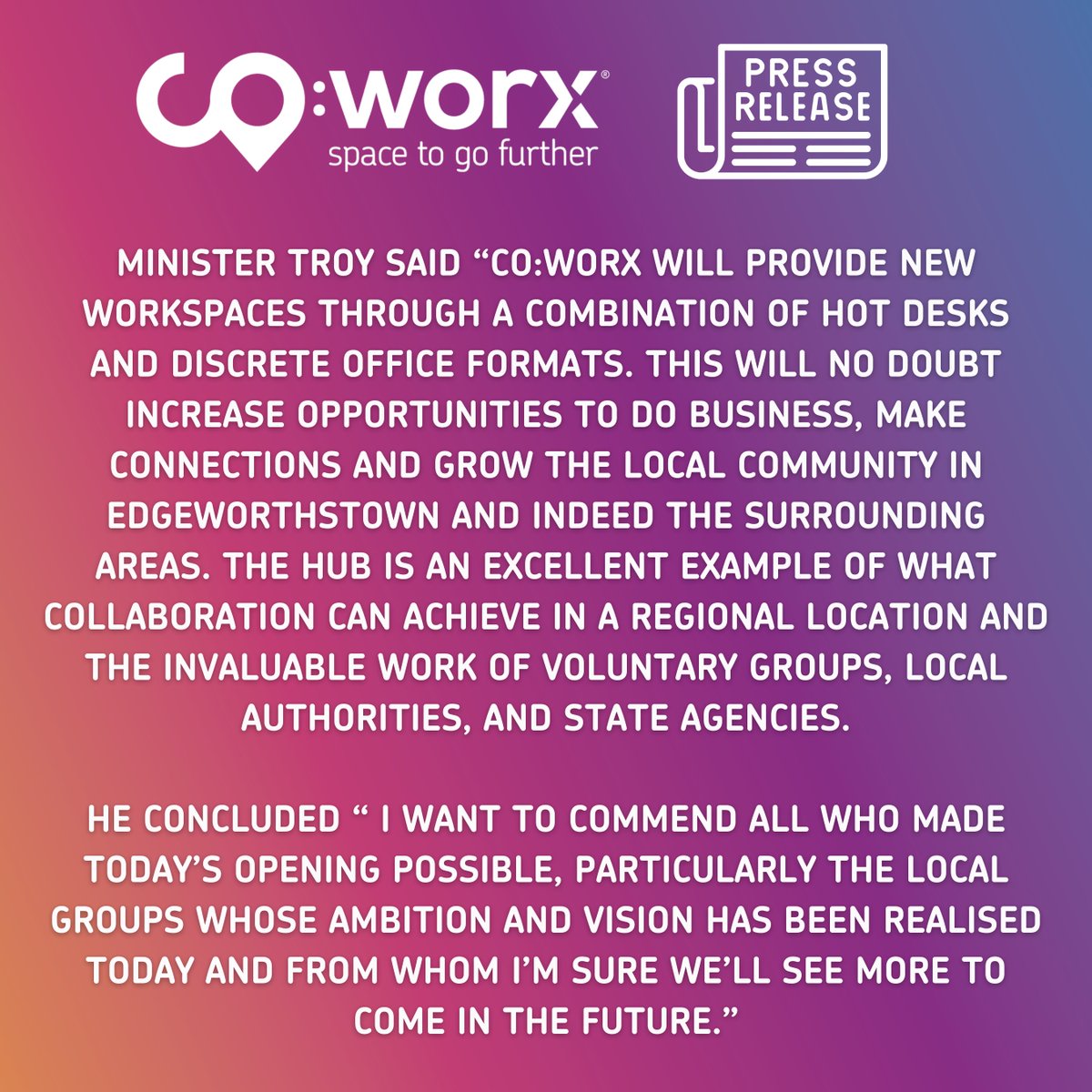 coworx_ie's tweet photo. We are delighted to open our doors to the community!
β¬οΈ View the full press release here β¬οΈ
https://t.co/rpR9VONVFA
@connectedhubs @Entirl @longfordcoco @LongfordPPN @LongfordCounty
#grandopening #coworking #remoteworkireland #flexibleworking #hybridworking #digitalhub https://t.co/3rzpqGB5OJ