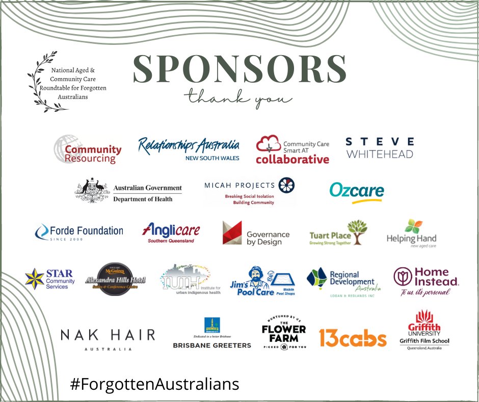 SAT_Community's tweet photo. Ahead of the Enabling Better Aged and Community Care for Forgotten Australians National Forum next week, we would like to thank our sponsors. For more information on this National Forum visit https://t.co/GxZc2g7wh9 https://t.co/GUF7YGn7ZF