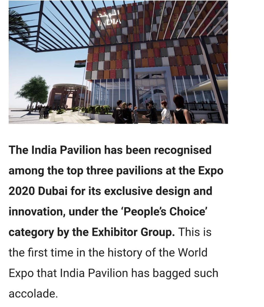 India Pavilion @Expo2020Dubai crafts a special place in the hearts of visitors. It is among the top 3 pavilions for design & innovation under the ‘People’s Choice’ category. New India has emerged as a rising star. #IndiaAtDubaiExpo