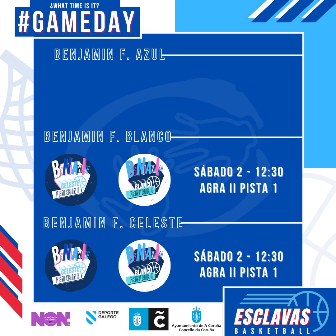 ClubEsclavas's tweet photo. ⏱️#MiniTime⏱️
➡️Benjamin F. Celeste🆚 Benjamin F. Blanco
➡️Alevin M.🆚 @MaristasCoruna
➡️Alevin F.🆚 @CBMOleiros
➡️Benjamin M. 🆚 @ObradoiroC
#GoMiniBLues 🔥💙 @coruna_deportes @Deportegalego @ConcelloCoruna https://t.co/wUgnNhYIBa