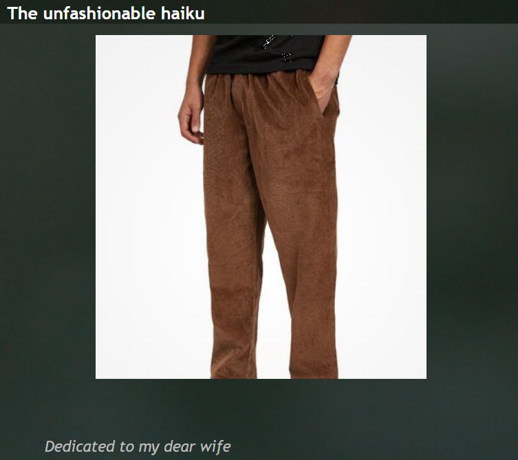 johbeil's tweet photo. The unfashionable haiku (click to read on) https://t.co/J3Cdw9pTJJ #haiku #poetry #humor #fashion #corduroy #outoffashion #cords #unfashionable https://t.co/mt7TETFPim