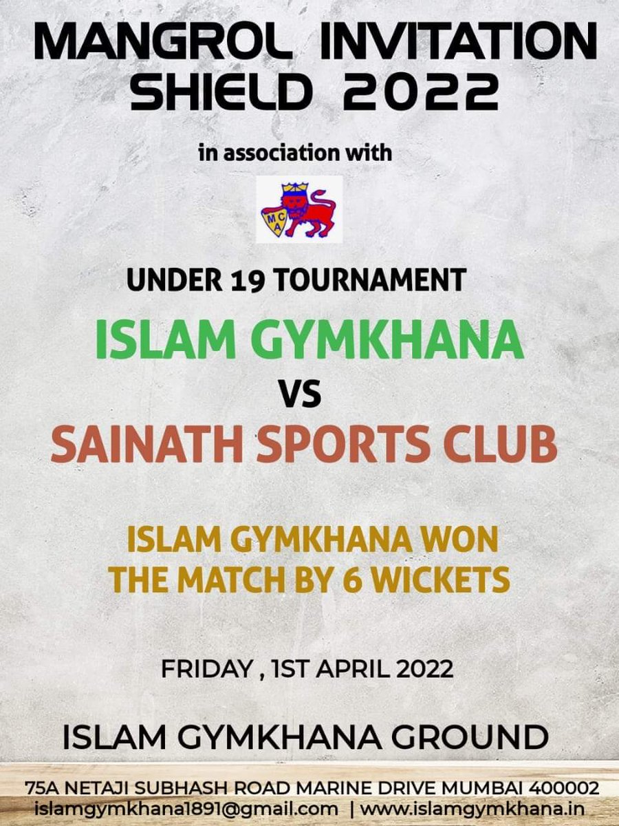 IslamGymkhana's tweet photo. Manrol Invitation Sheild 2022 Islam Gymkhana won by 6 wickets
@SportsCenter @MumbaiSports_ https://t.co/8vCPpY7TpT