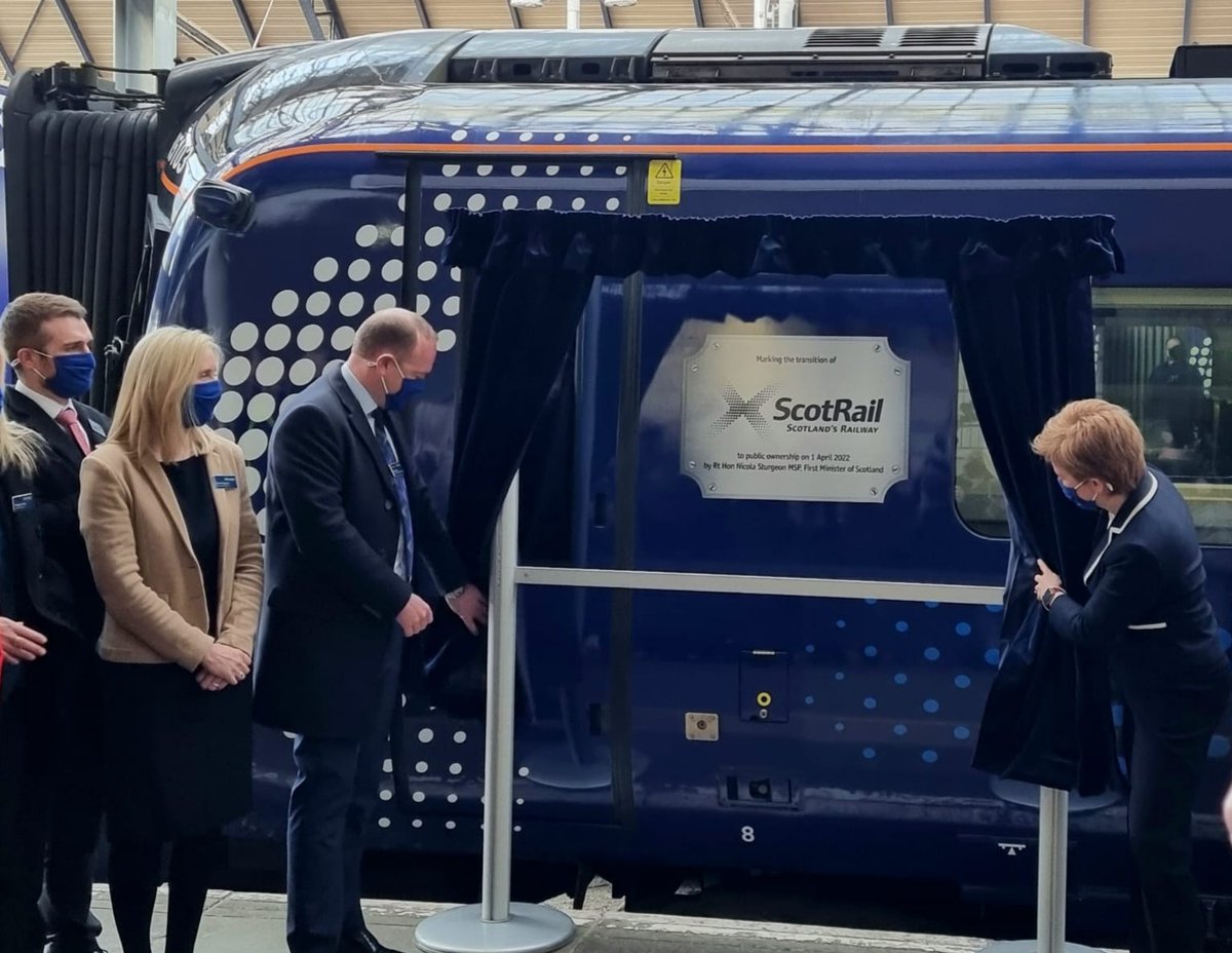 ScotGovFM's tweet photo. First Minister @NicolaSturgeon visited Glasgow Queen Street Station this morning to mark ScotRail officially coming under public sector control. https://t.co/XE80r2Sz8J