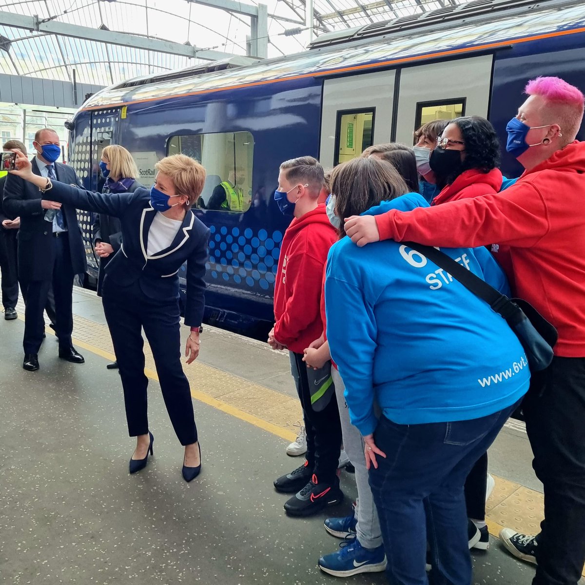 ScotGovFM's tweet photo. First Minister @NicolaSturgeon visited Glasgow Queen Street Station this morning to mark ScotRail officially coming under public sector control. https://t.co/XE80r2Sz8J