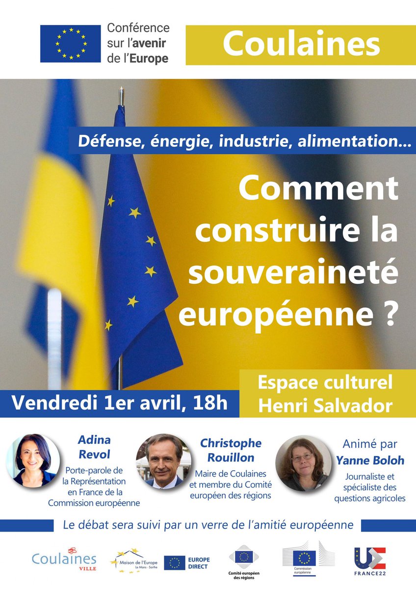 ch_rouillon's tweet photo. 💪🇪🇺 Conférence sur l’avenir de l’Europe à @Coulaines à 18h à l’espace culturel Henri Salvador, place de Jean-Claude Boulard.
Venez donner votre avis sur plus de souveraineté européenne pour la défense de l’énergie de l’industrie, de l’alimentation… @EU_CoR @AdinaRevol #Cofue https://t.co/3iX7WMHIVR
