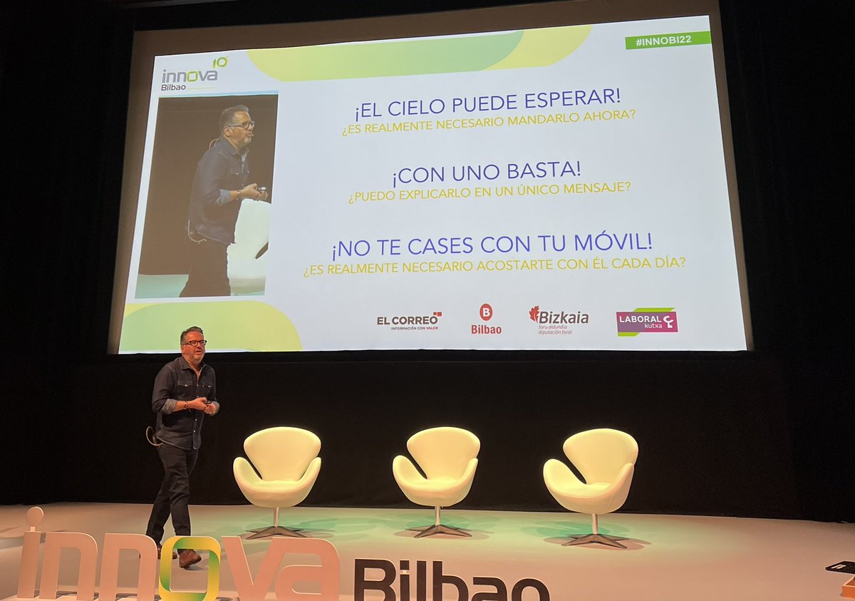 Fantásticas recomendaciones y lo que nos cuesta, sobre el uso del móvil…
👉El cielo puede esperar 
👉Con uno basta 
👉No te cases con tu móvil…
La necesaria desconexión digital…Gran intervención de <a href="/PhilGonzalez/">Philippe Gonzalez</a> en #innobi22