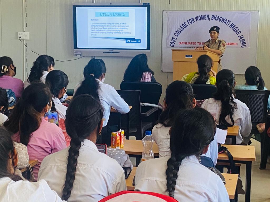 In an effort to raise awareness about cyber crime among the college students delivered an awareness lecture on topic "CYBER CRIME" at Govt. College for Women , Bhagwati Nagar. #cybercrime #stayalert #BeSafe
<a href="/JmuKmrPolice/">J&K Police</a> 
<a href="/igpjmu/">Orca</a> 
<a href="/CyberJammu/">Cyber Police Station Jammu</a> 
<a href="/MukeshSinghIPS/">Mukesh Singh</a>
<a href="/Dis_Pol_Jammu/">District Police Jammu</a>