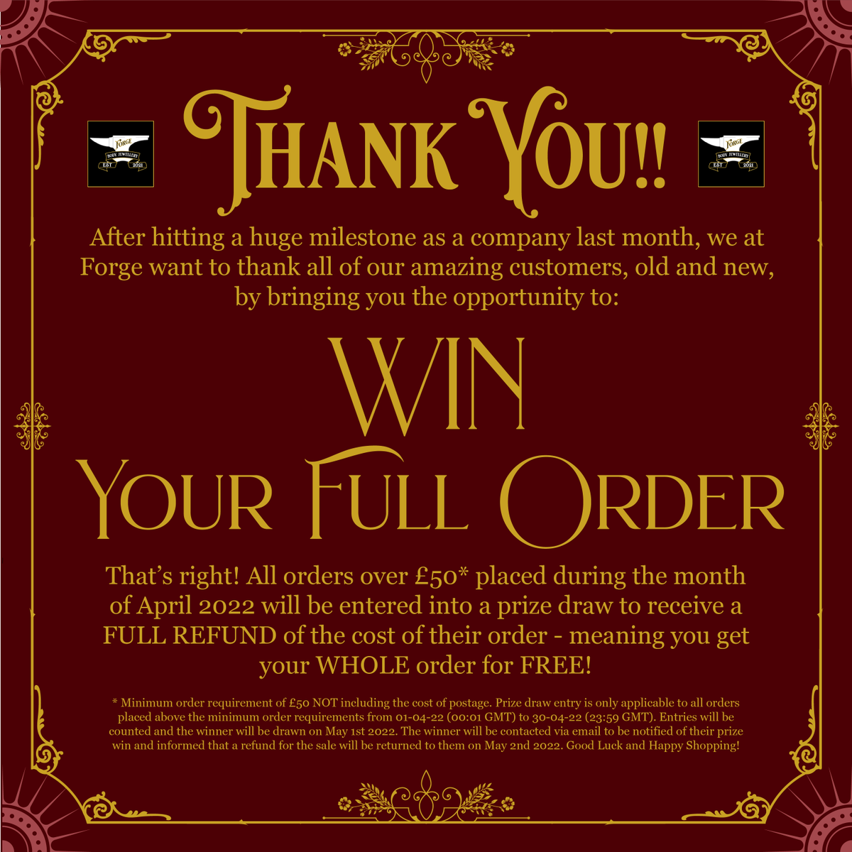 Forge_Jewellery's tweet photo. Without our loyal customers we could not do what we do! As a way to say THANK YOU we are giving every order placed during the month of April the chance to receive a FULL and COMPLETE REFUND on the order! 
Shop Now: https://t.co/x1egtBfw8i https://t.co/k5D0SyTmG1