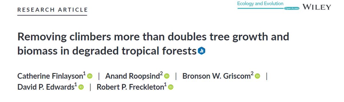 Very excited to announce that my first PhD chapter is now published! The paper in <a href="/Ecol_Evol/">Ecology and Evolution</a>, in collaboration with <a href="/ConservationOrg/">Conservation Intl</a>, determines the overall effect of removing problematic climbing plants from degraded tropical forests using meta-analytic techniques…