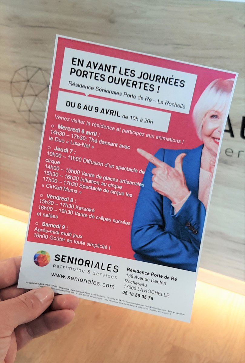 À l'occasion des Journées Portes Ouvertes, retrouvez nous du 06 au 09 Avril de 10h00 à 20h00 à notre résidence <a href="/SenLaRochellePR/">Senioriales de La Rochelle Porte de Ré</a>. Belle occasion de découvrir la résidence et de participer aux diverses activités proposées! 
Venez nombreux, vous êtes les bienvenus! 🤗
<a href="/senioriales/">Senioriales</a>