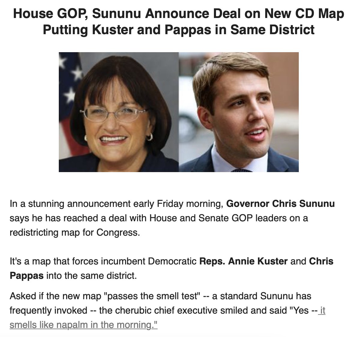 BREAKING! 

House GOP, Sununu Announce Deal on New CD Map Putting Kuster and Pappas in Same District

mailchi.mp/insidesources/…

<a href="/NHGOP/">New Hampshire Republican Party</a> <a href="/NHDems/">NH Democratic Party</a> #NH01 #NH02