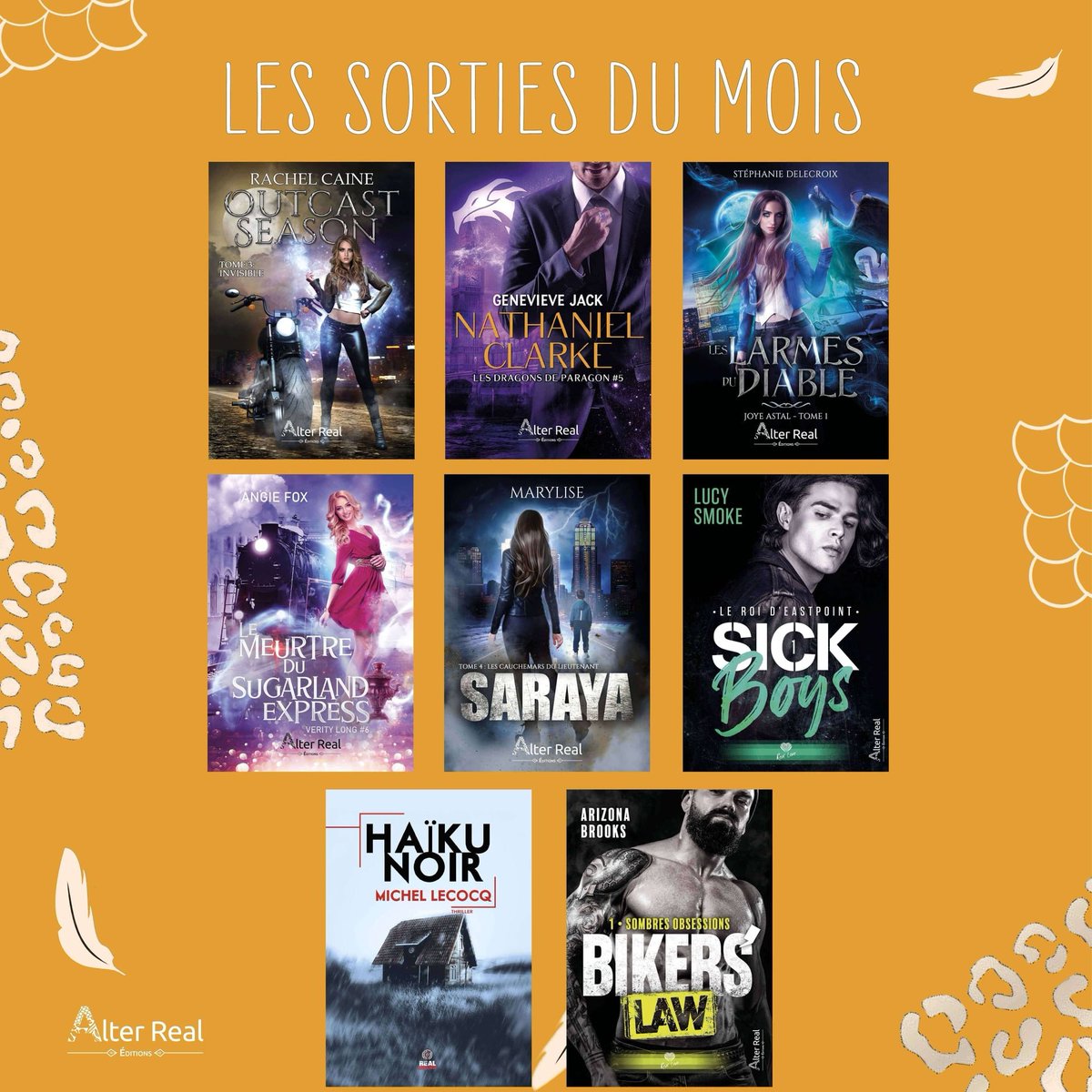 [#Sortie du mois]
Les nouveautés d'avril ! 🥳📚
Aujourd'hui, 1er avril, vous pouvez découvrir Sick Boys 1, Joye Astal 1, Outcast Season 3, Les dragons de Paragon 5 
Il faudra attendre le 22 avril pour les autres😘
#UrbanFantasy #romance #suspense #thriller #paranormal